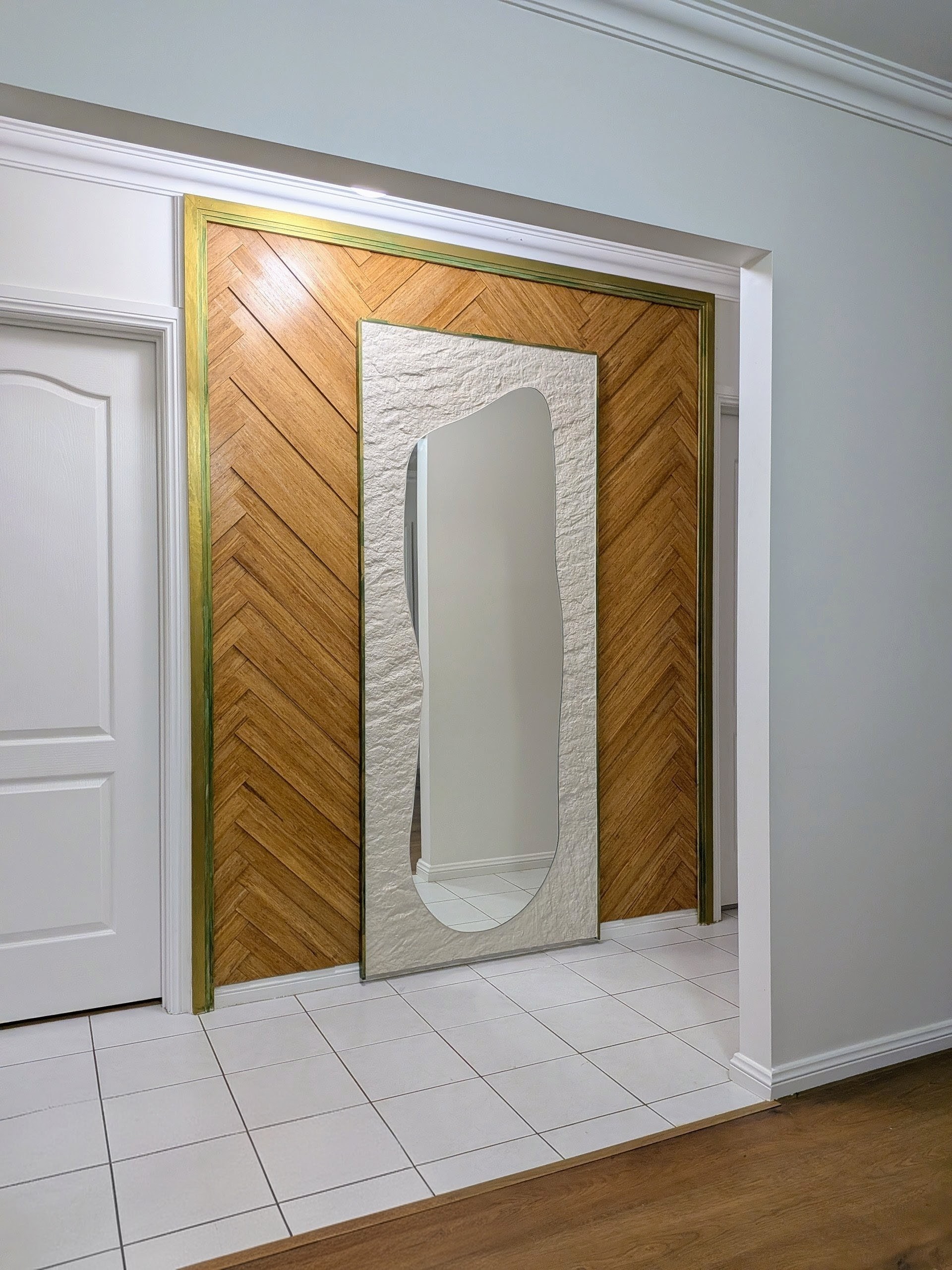 Bamboo Timber Feature Wall Herringbone Pattern – Custom Interior Wood Wall Design Shellharbour