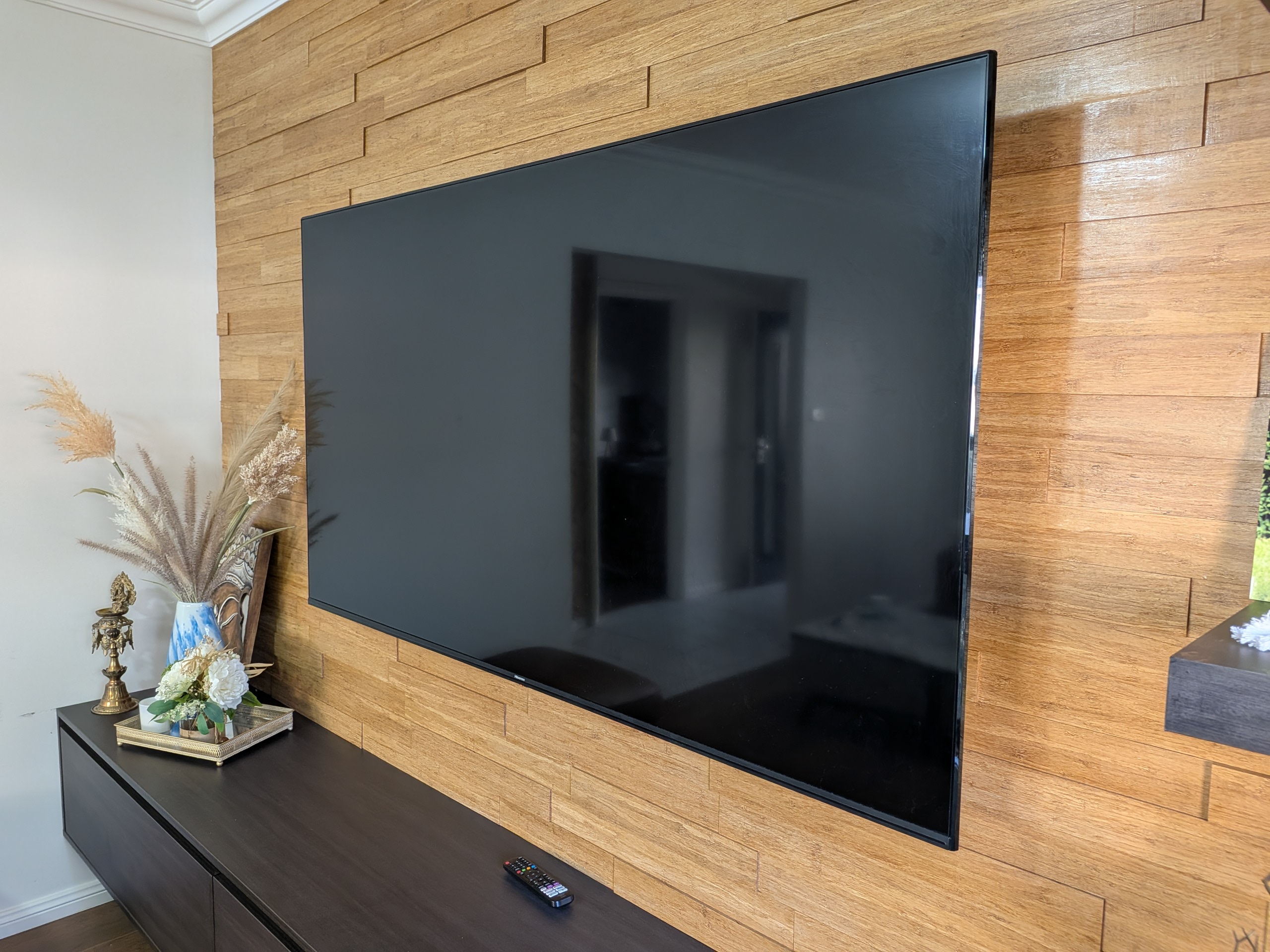 Bamboo brick pattern TV wall with integrated shelving and custom cabinetry in Shellharbour NSW